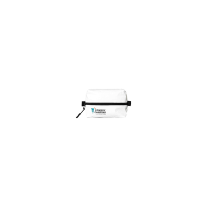 A white compact Cowboy Camping Corral Cube pouch with a black zipper, ideal for organizing gear while camping or backpacking.