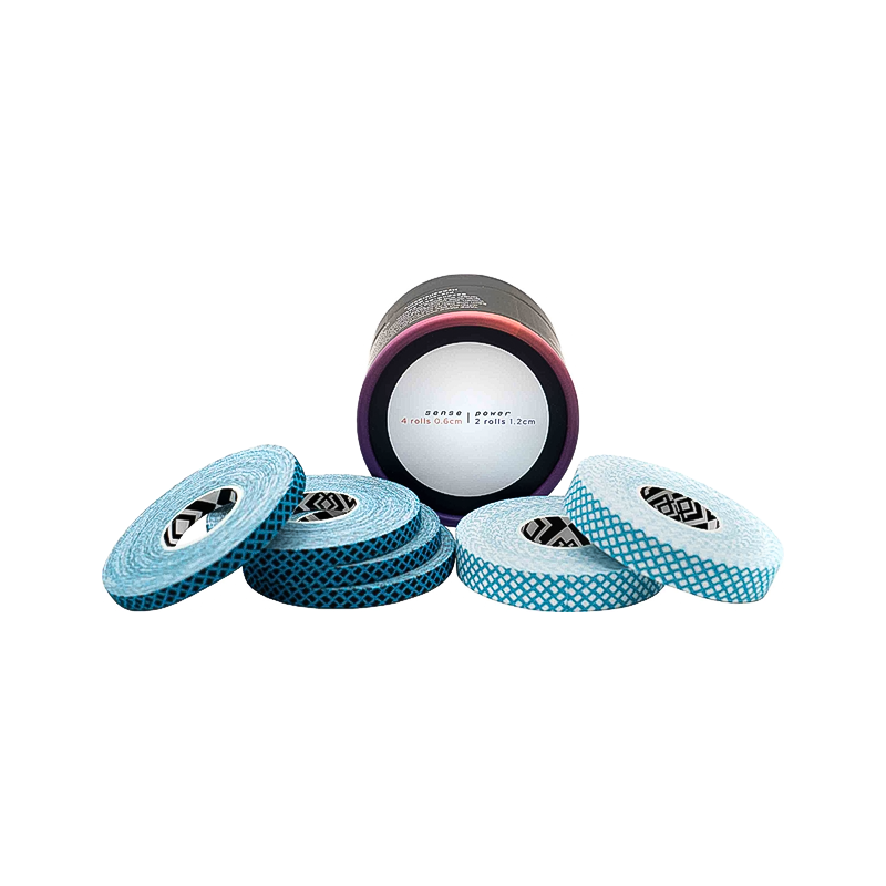 Blue and white tape rolls with a white label, designed for climbing finger and joint protection during bouldering and training.