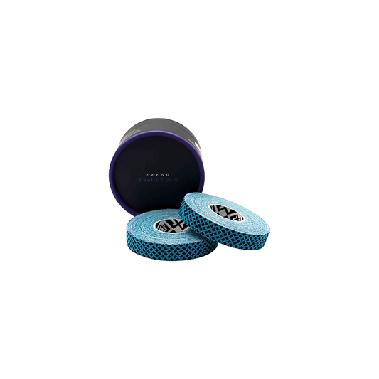 Blue and black climbing tape rolls in a black container, designed for sensitive finger protection during bouldering.