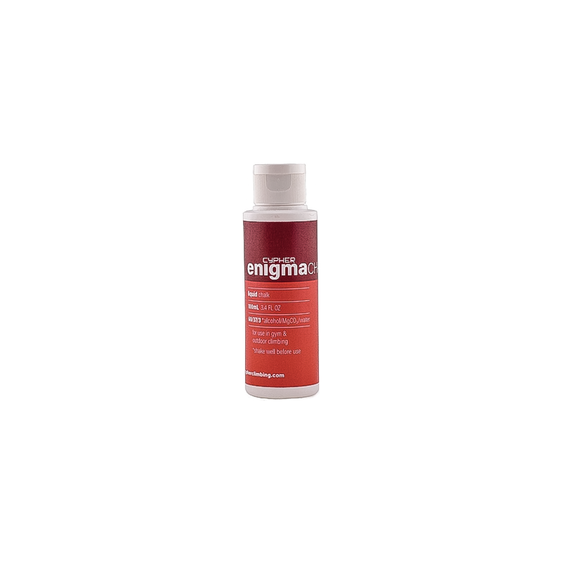 A 100ml bottle of Enigma liquid chalk on a white background.