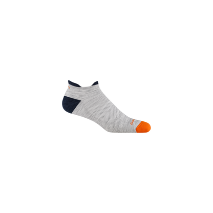Close-up of gray, navy blue, and orange Darn Tough running no show socks on a white background, emphasizing their lightweight and moisture-wicking material.