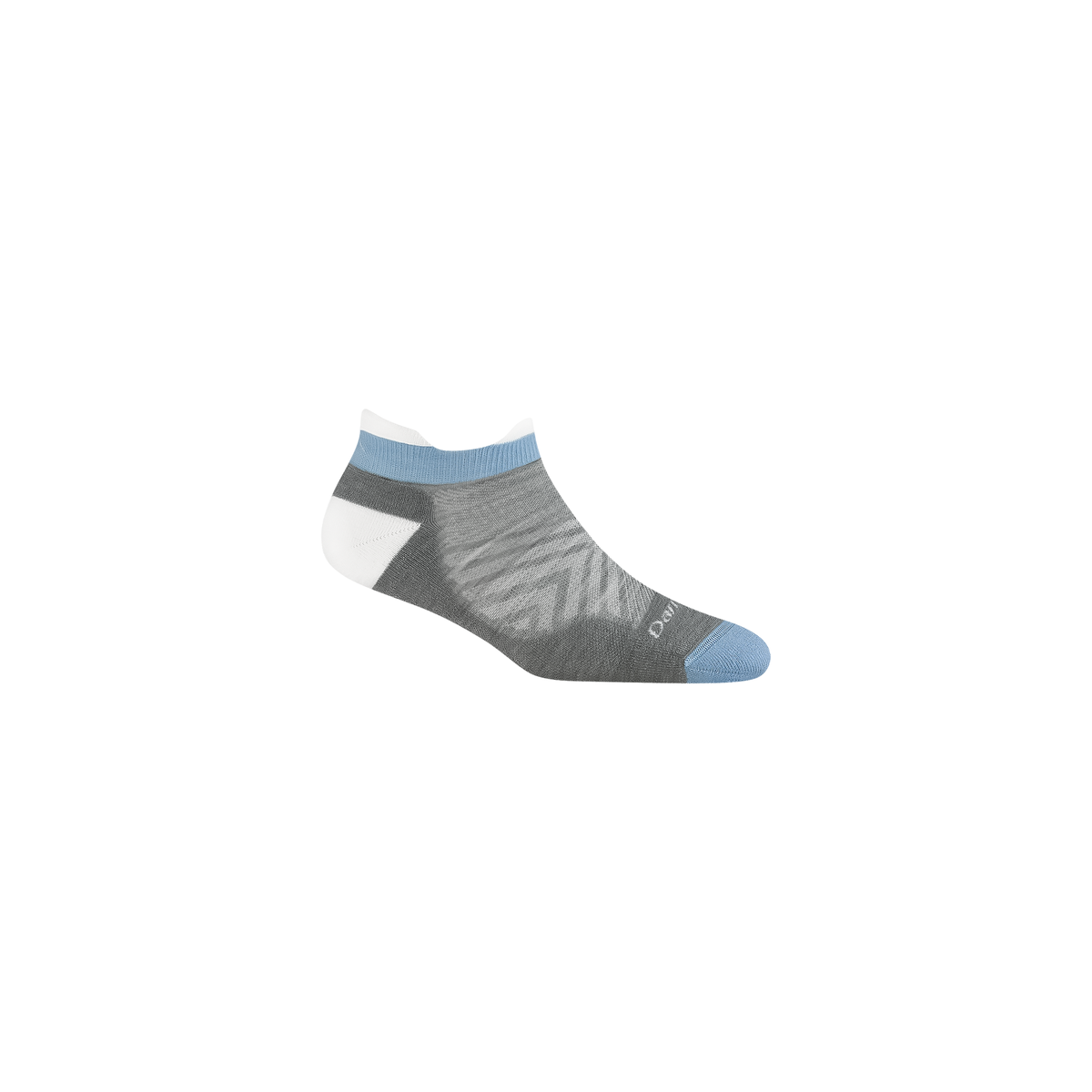 Gray, blue, and white striped running socks, showcasing a low-profile design and cushioned underfoot for comfort during runs.
