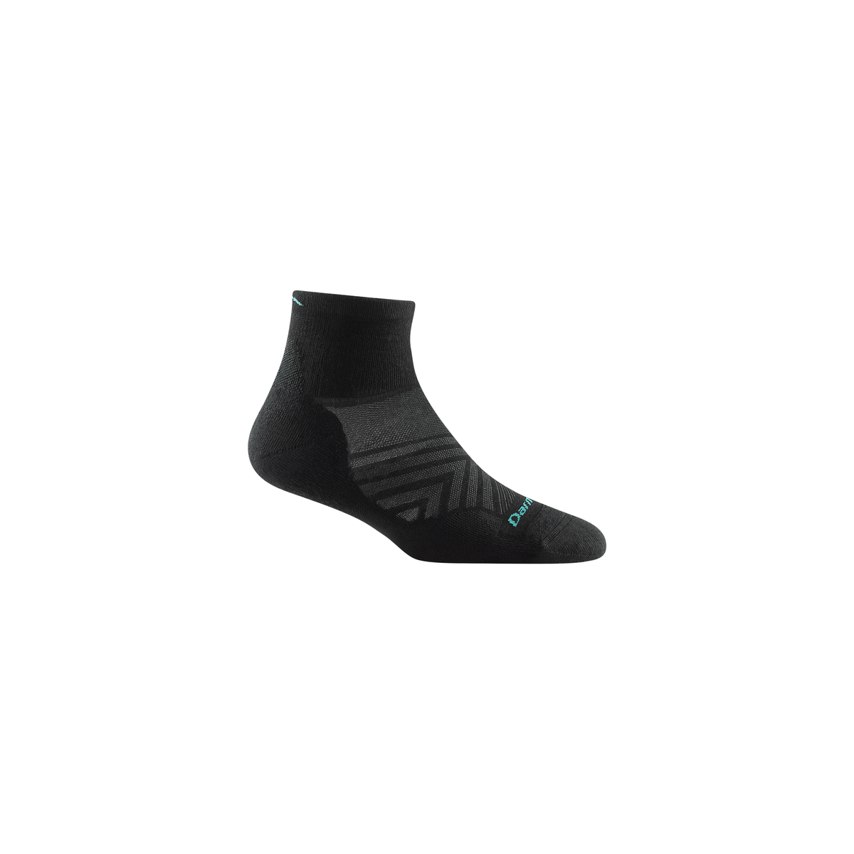 Darn Tough black women's ultra-light cushioned running socks in a quarter-height design, showcasing a merino wool blend for comfort.