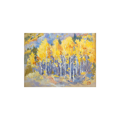 Oil painting of vibrant aspen trees in fall, showcasing rich autumn colors, featured on a 5x7" note card by David Kirk.