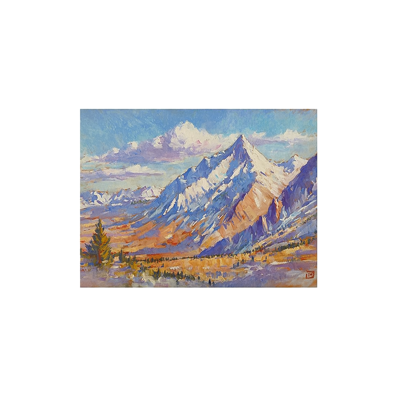 Front cover of a note card with painting of a snow-capped mountain range, showcasing David Kirk's whimsical and colorful artistic style.