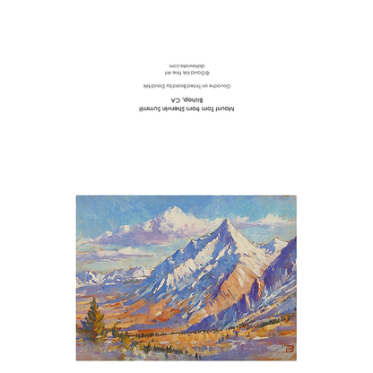 Whimsical painting of a snow-covered mountain range, part of David Kirk's charming note card collection.