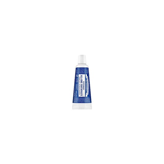 Dr. Bronner's Peppermint Toothpaste tube on a white background, featuring natural, fluoride-free ingredients.