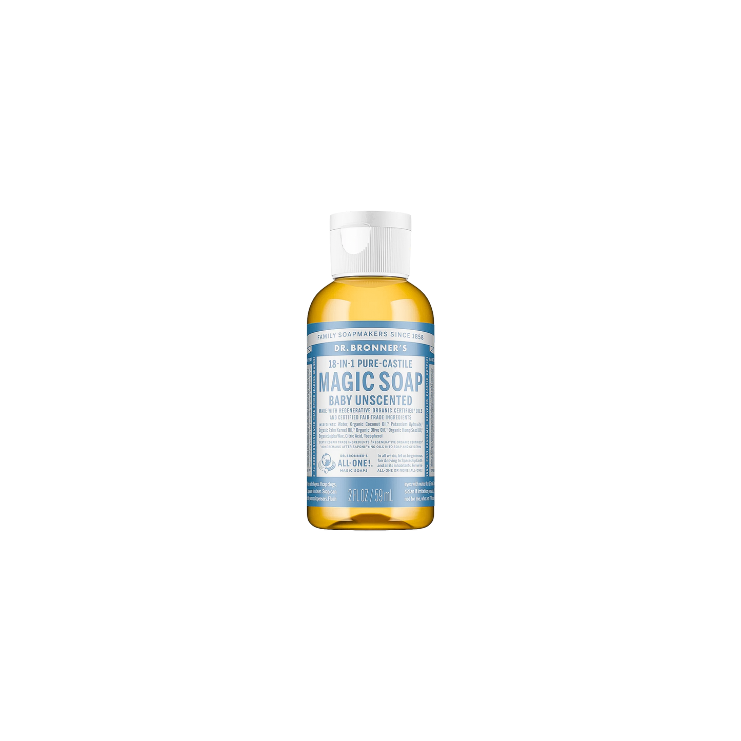 A bottle of Dr. Bronner’s Unscented Pure-Castile Liquid Soap, made with organic oils and ideal for various cleaning uses.