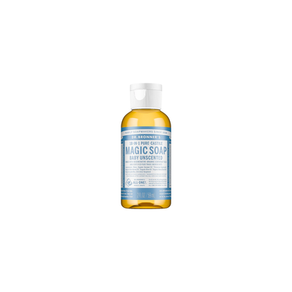 A bottle of Dr. Bronner’s Unscented Pure-Castile Liquid Soap, made with organic oils and ideal for various cleaning uses.