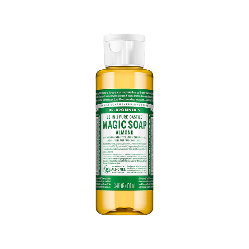 Dr. Bronner’s 3.4 oz. soap bottle in almond scent, perfect for camping, cleanses dry skin and is easy to pack for backcountry trips.