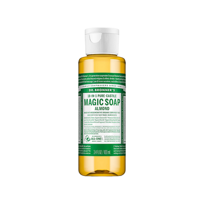Dr. Bronner’s 3.4 oz. soap bottle in almond scent, perfect for camping, cleanses dry skin and is easy to pack for backcountry trips.