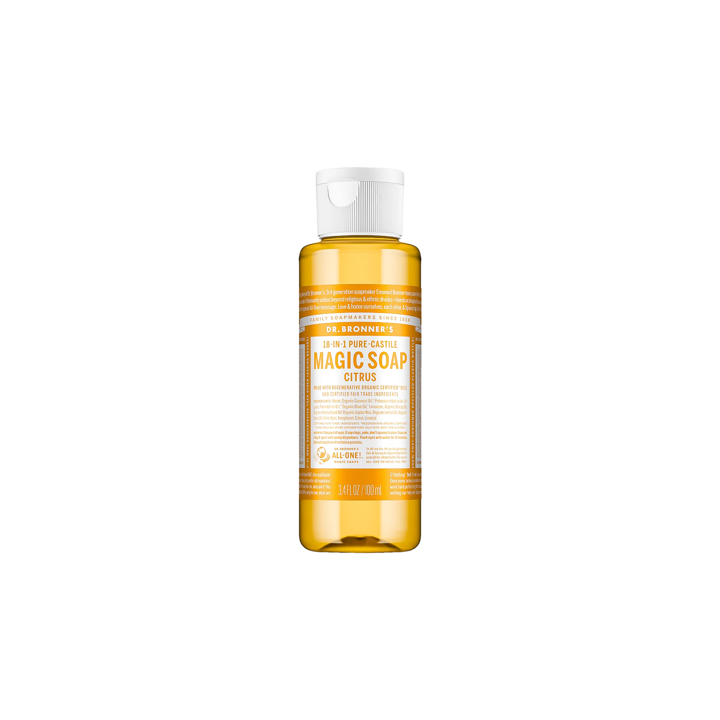 A bottle of Dr. Bronner’s Citrus Pure-Castile Liquid Soap, featuring bright orange liquid on a clean white background.