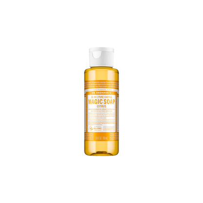 A bottle of Dr. Bronner’s Citrus Pure-Castile Liquid Soap, featuring bright orange liquid on a clean white background.