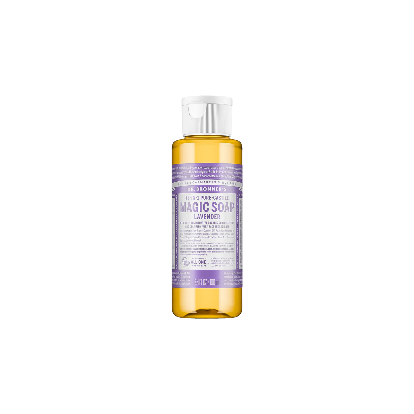 Dr. Bronner’s Lavender soap bottle, highlighting its organic ingredients and eco-conscious packaging.