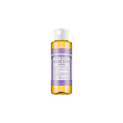 Dr. Bronner’s Lavender soap bottle, highlighting its organic ingredients and eco-conscious packaging.