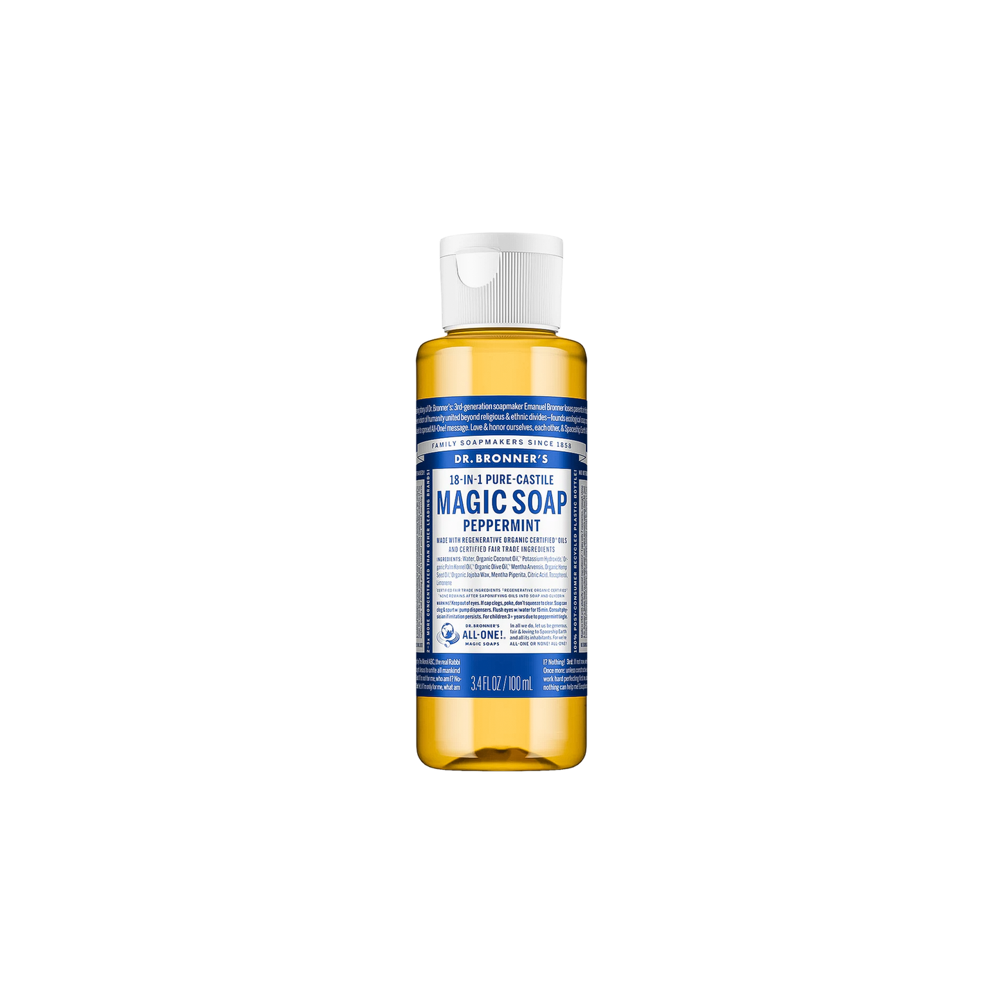 Dr. Bronner’s Peppermint Liquid Soap displayed, emphasizing its versatility for body wash and eco-conscious formulation.