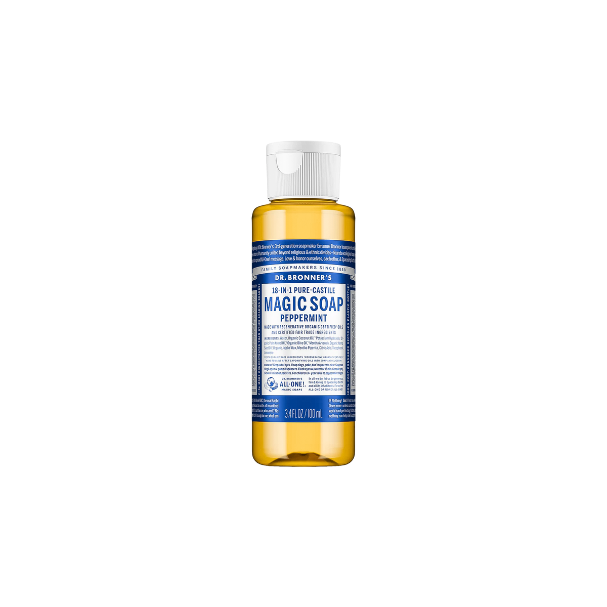 Dr. Bronner’s Peppermint Liquid Soap displayed, emphasizing its versatility for body wash and eco-conscious formulation.