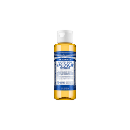 Dr. Bronner’s Peppermint Liquid Soap displayed, emphasizing its versatility for body wash and eco-conscious formulation.