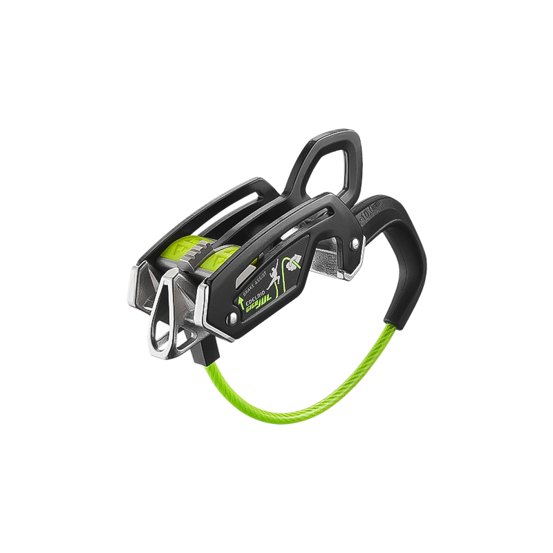 A versatile black and green climbing belay with a green cord for safety in various activities.