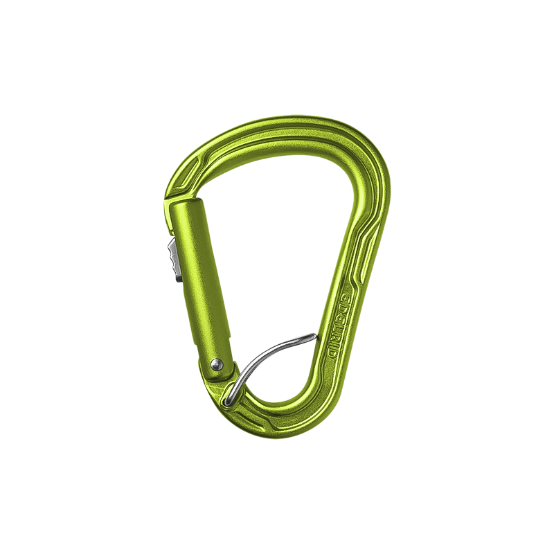 Lightweight green carabiner with a metal hook and automatic locking system for safe climbing.