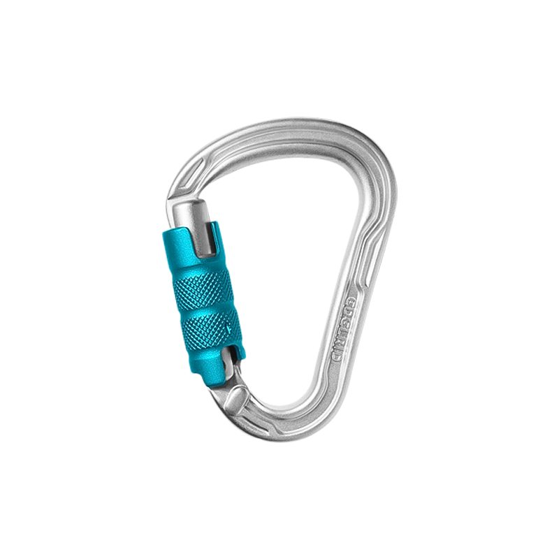 Lightweight silver and blue carabiner with a metal hook, featuring a secure triple lock and keylock closure for climbing.