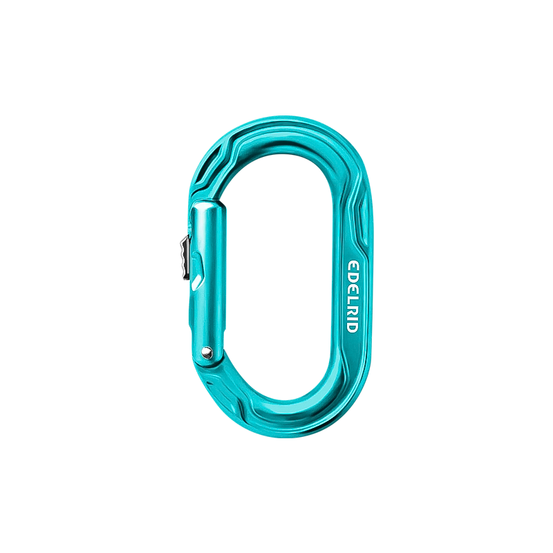 Blue Edelrid Kiwi Slider carabiner with a metal hook, lightweight and durable for climbers.