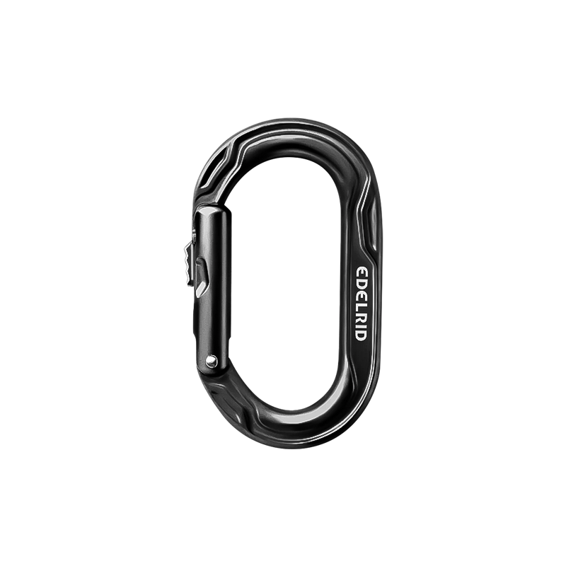 Black Edelrid Kiwi Slider carabiner with a metal clip, lightweight and durable for climbers.