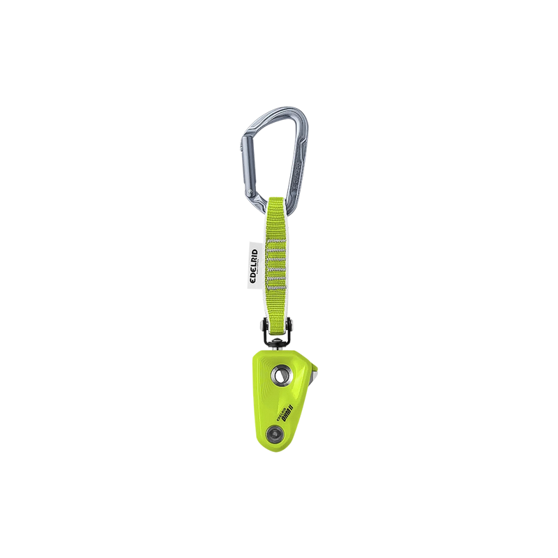 Lime green carabiner with a hook, designed for climbing safety and efficiency for weight-differing partners.