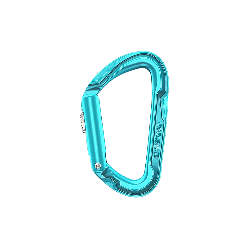 Blue Edelrid Pure Slider carabiner with a metal hook, designed for safe climbing and outdoor use.