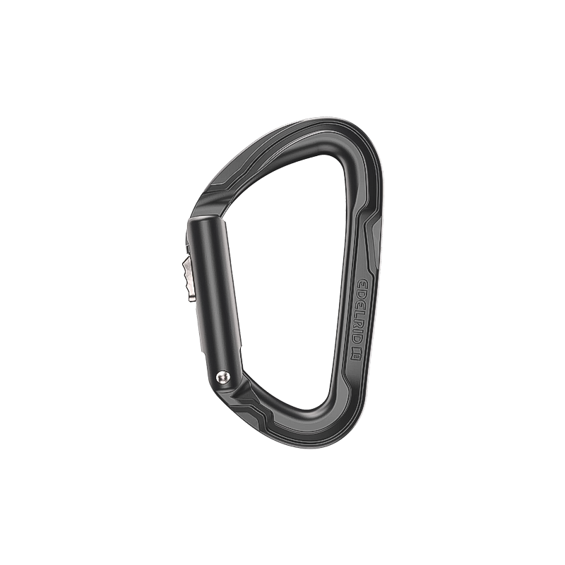 Blue Edelrid Pure Slider carabiner with a metal hook, designed for safe climbing and outdoor use.