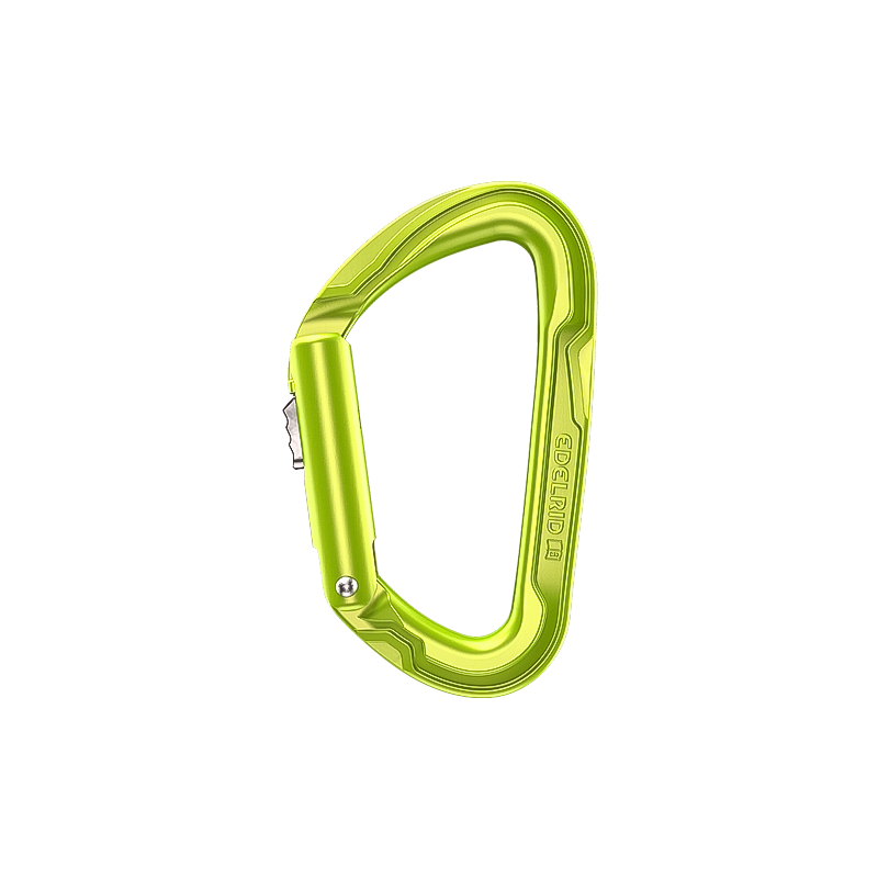 Edelrid Pure Slider carabiner in green, featuring a metal hook and locking slide gate, ideal for climbers.