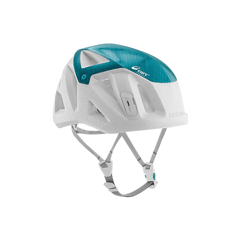 White climbing helmet with blue trim, made from lightweight Curv material for safety and comfort.