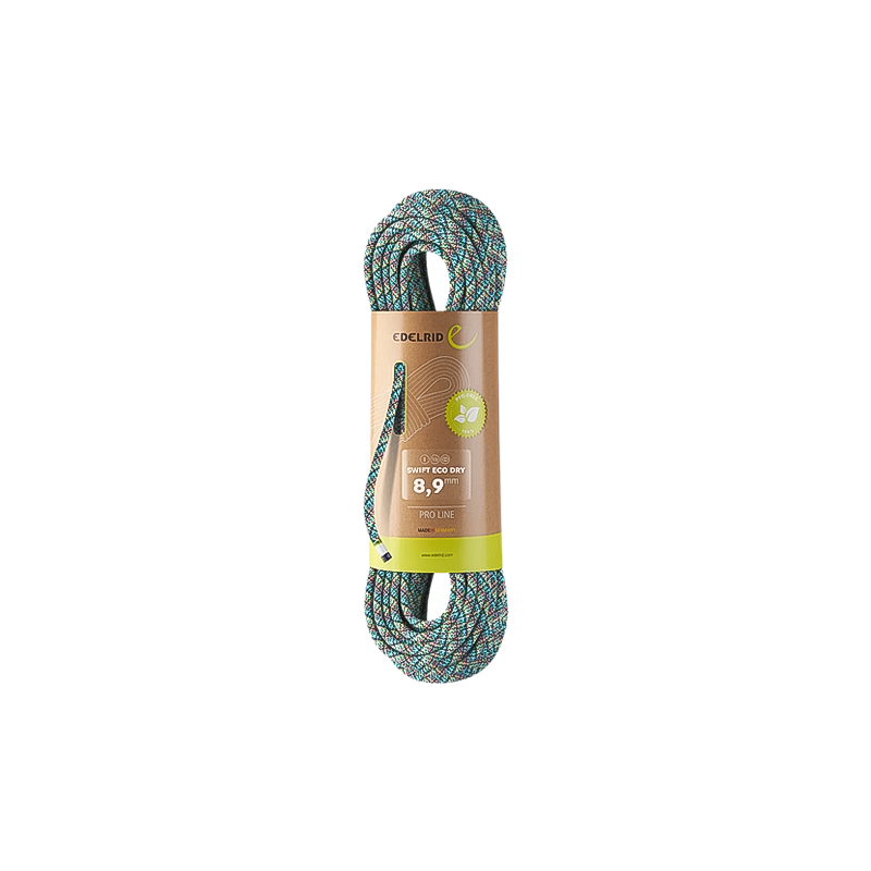 A green and blue climbing rope with sustainable design and water repellency for eco-conscious climbers.