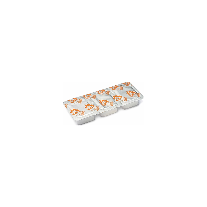 A white square featuring three Esbit solid fuel tablets on a white background, ideal for ultralight cooking and emergencies.