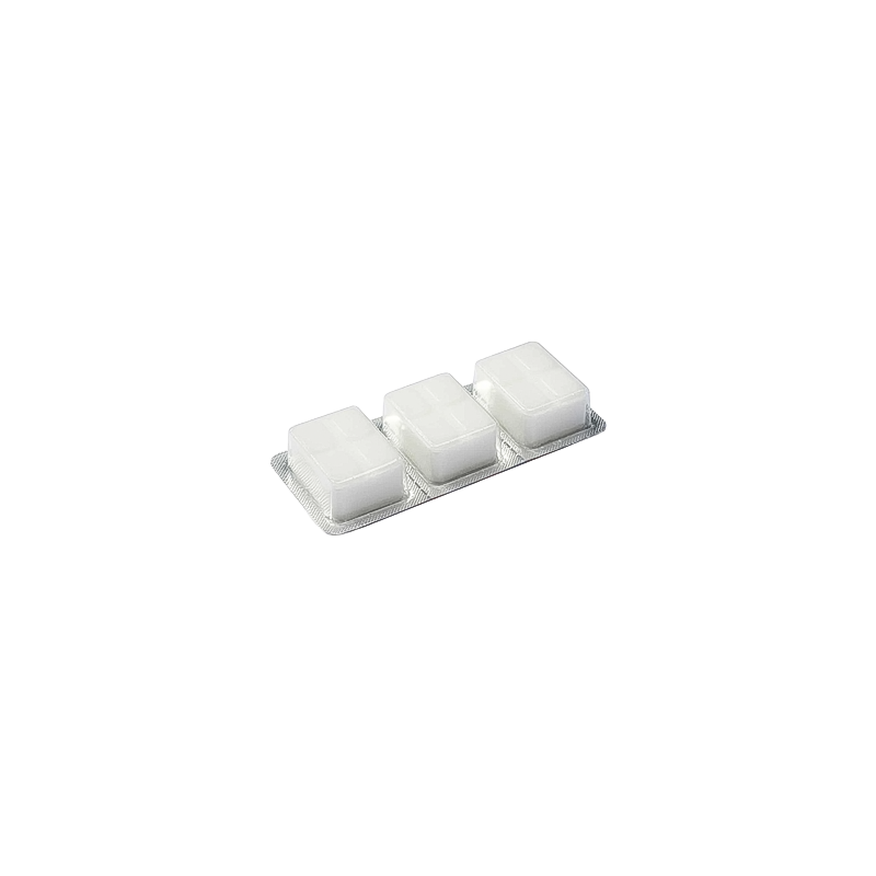 Three solid fuel tablets arranged in a white square on a white surface, designed for ultralight backpacking stoves.