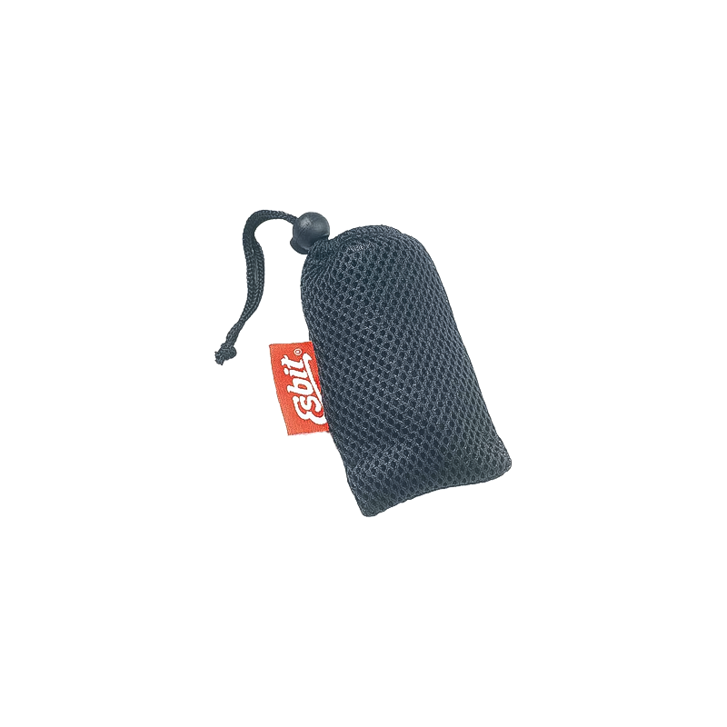 Gray pouch with a tag, containing an ultralight stove for backpacking, designed for solid fuel blocks.