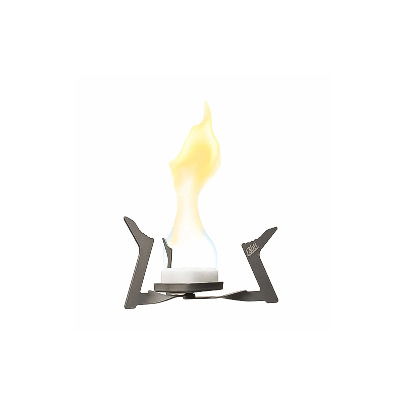 A small flame flickers on a lightweight Esbit stove.
