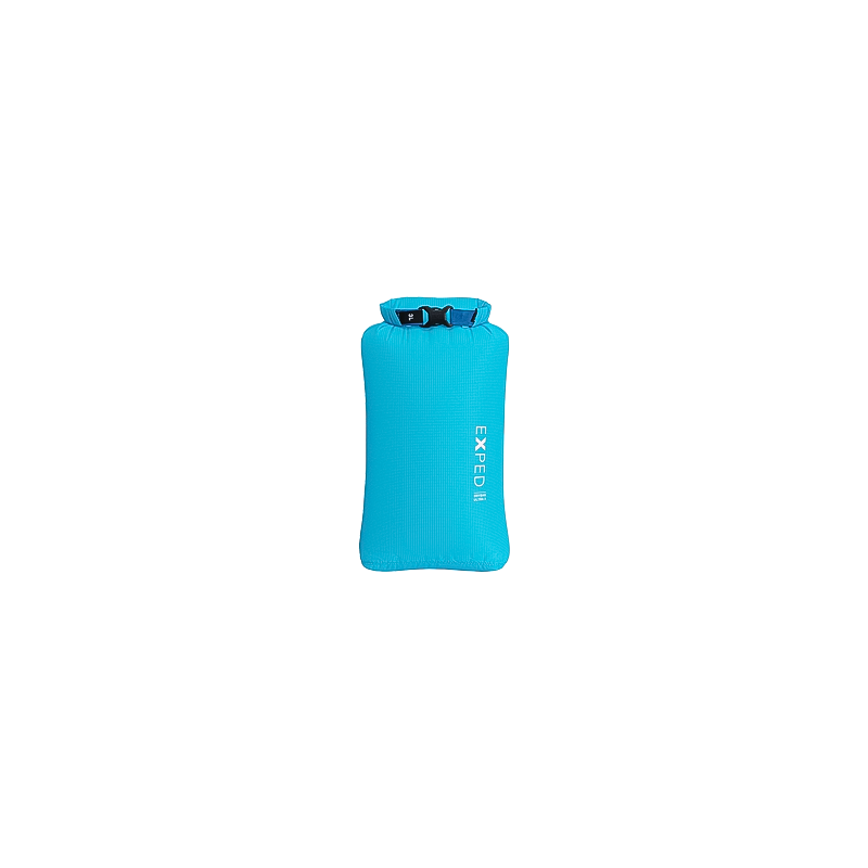 Cyan Exped Drybag Ultra with a black handle, offering waterproof storage for backpacking and kayaking gear.