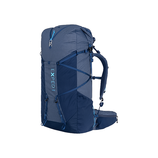 Navy hiking backpack with a front zipper, designed for ultralight backpacking and optimized for 2-4 day trips.