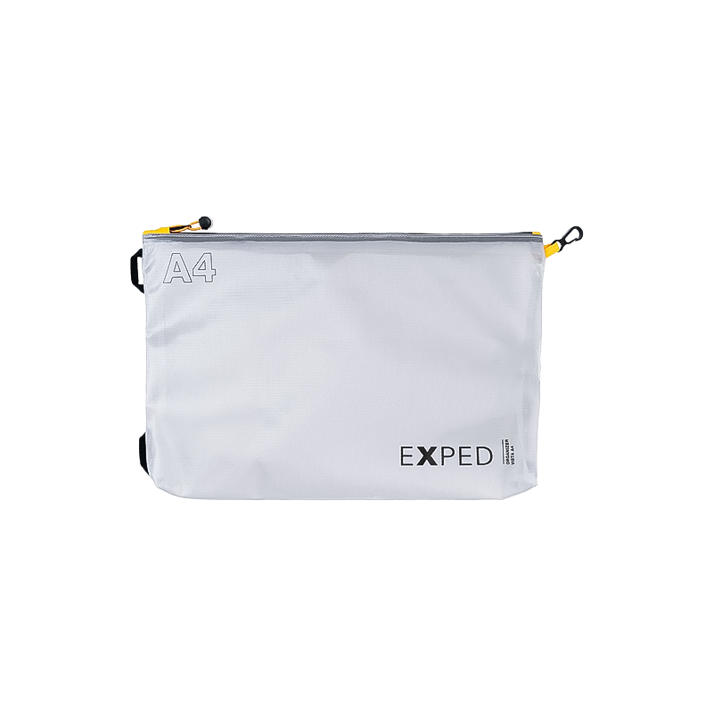 Transparent pouch with zipper for organizing gear; weatherproof and lightweight, perfect for travel and outdoor activities.