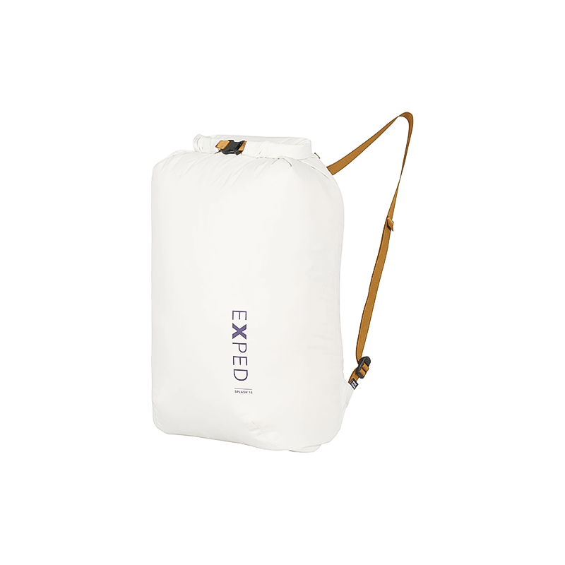 White roll-top dry bag backpack with "EXPED" logo, ideal for river outings and compresses for easy travel storage.