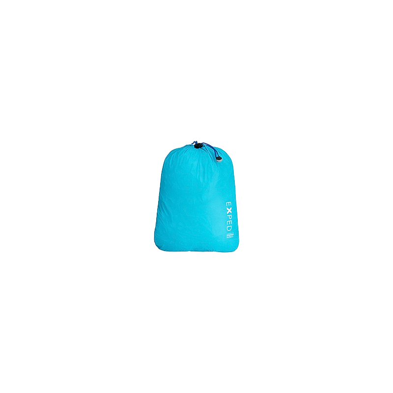 A waterproof Exped Stuffbag Ultra in color cyan, designed for lightweight organization of camping gear and clothing.