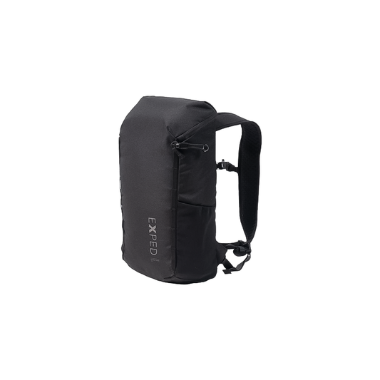 Black Exped Summit Hike 15 backpack with a zipper pocket, designed for hiking and daily use, featuring lightweight, durable fabric.
