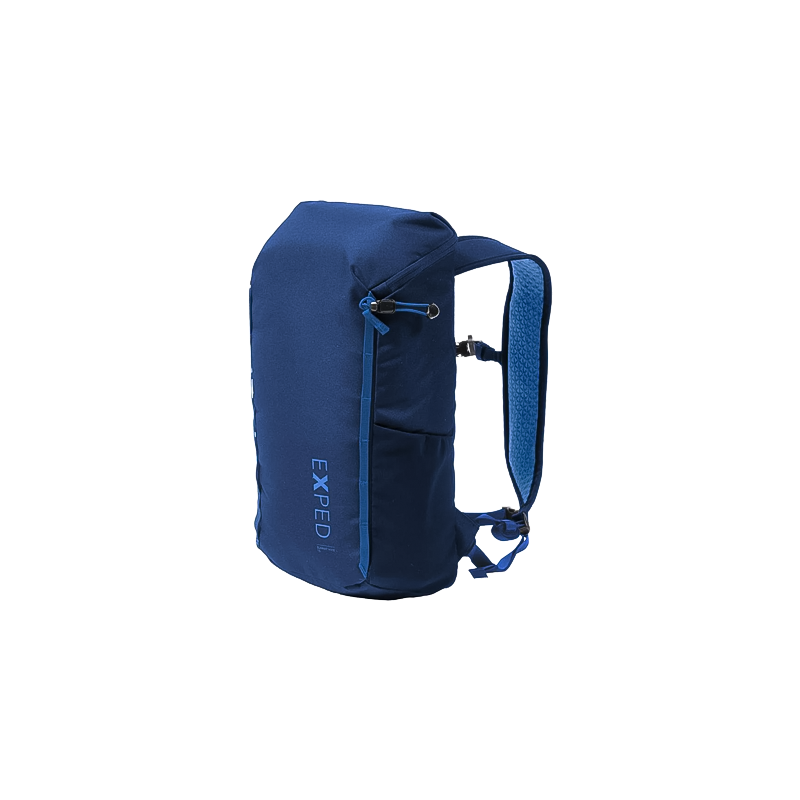 Lightweight navy Exped Summit Hike 15 backpack with a zipper pocket, ideal for hiking and daily commutes, made from recycled fabric.