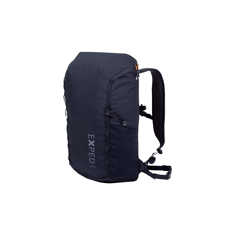 Lightweight black backpack, Exped Summit Hike 25, on a white background, ideal for hiking with quick-access features and rain cover.