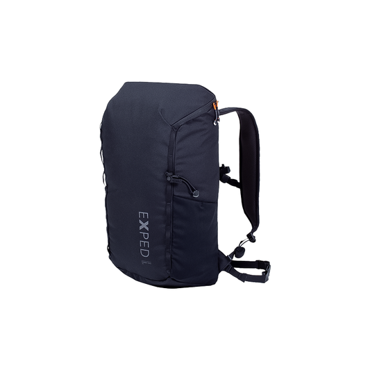 Lightweight black backpack, Exped Summit Hike 25, on a white background, ideal for hiking with quick-access features and rain cover.