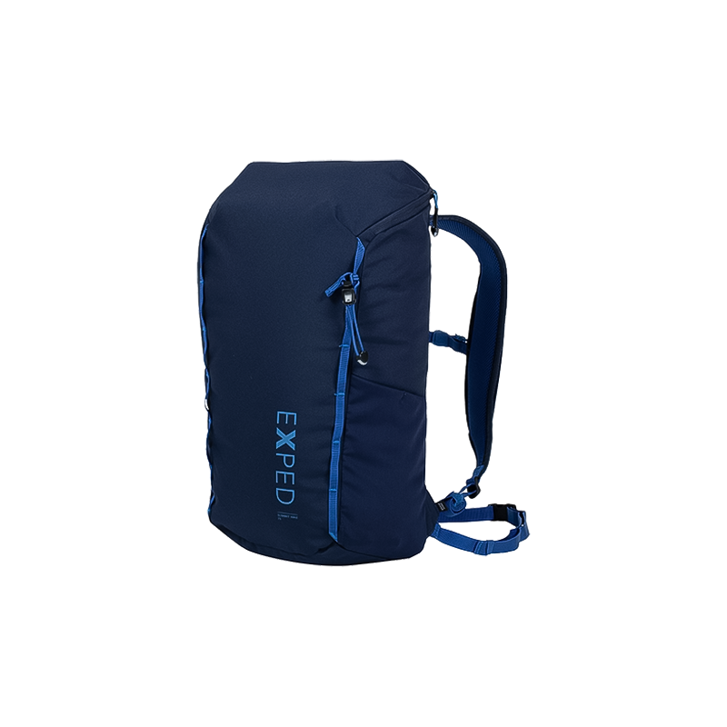 Navy Exped Summit Hike 25 backpack with a front zipper, designed for hiking and daily use, featuring multiple pockets and rain cover.