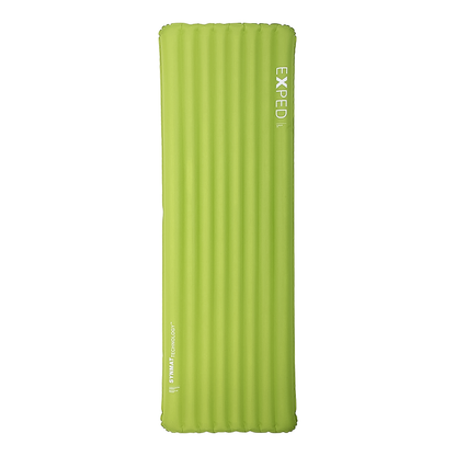 Green inflatable 3R long wide sleeping pad on a white background, ideal for backpacking.