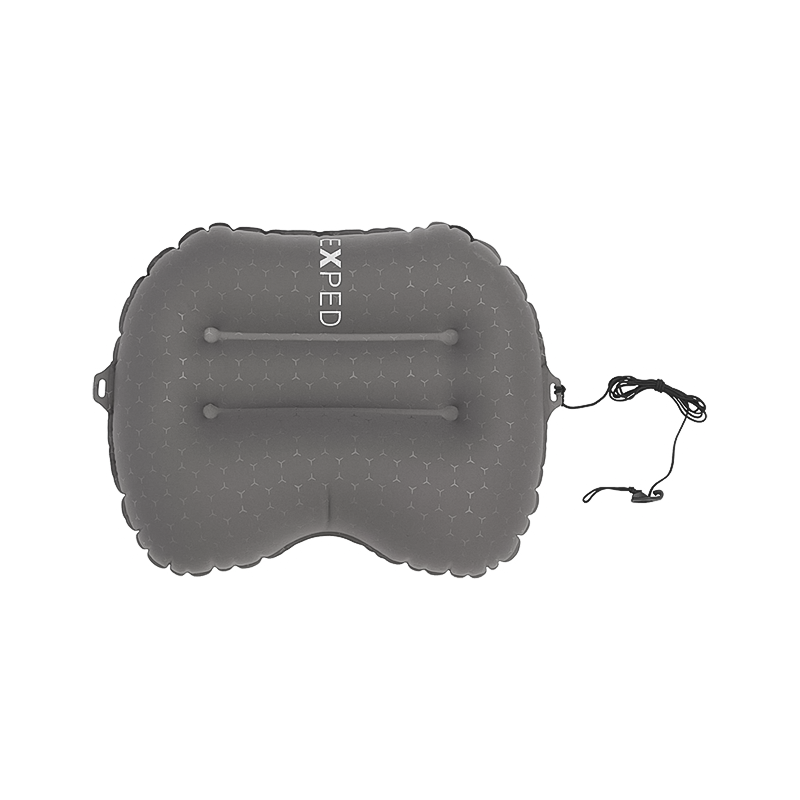 Gray Inflatable Exped Ultra Pillow on a white background, designed for ergonomic comfort during camping and backpacking.