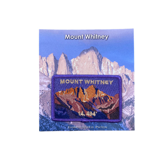 Mount Whitney patch with mountain design and text on a blue background